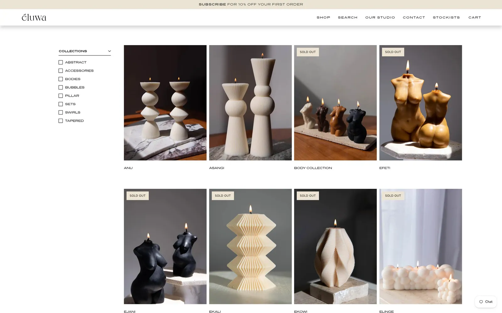 Eluwa: The shop, filterable by product type with quick view and pricing