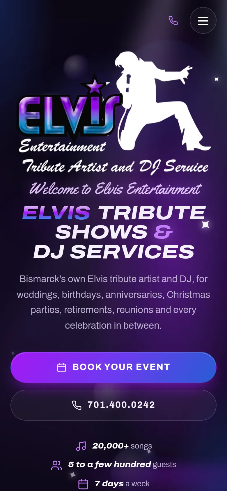 The Elvis Entertainment website on a phone