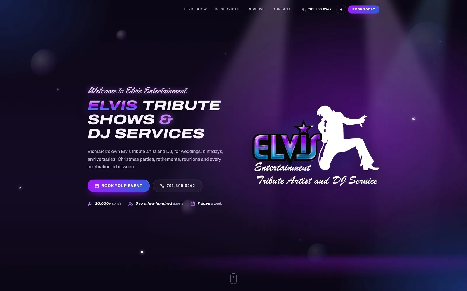 The Elvis Entertainment website on a computer
