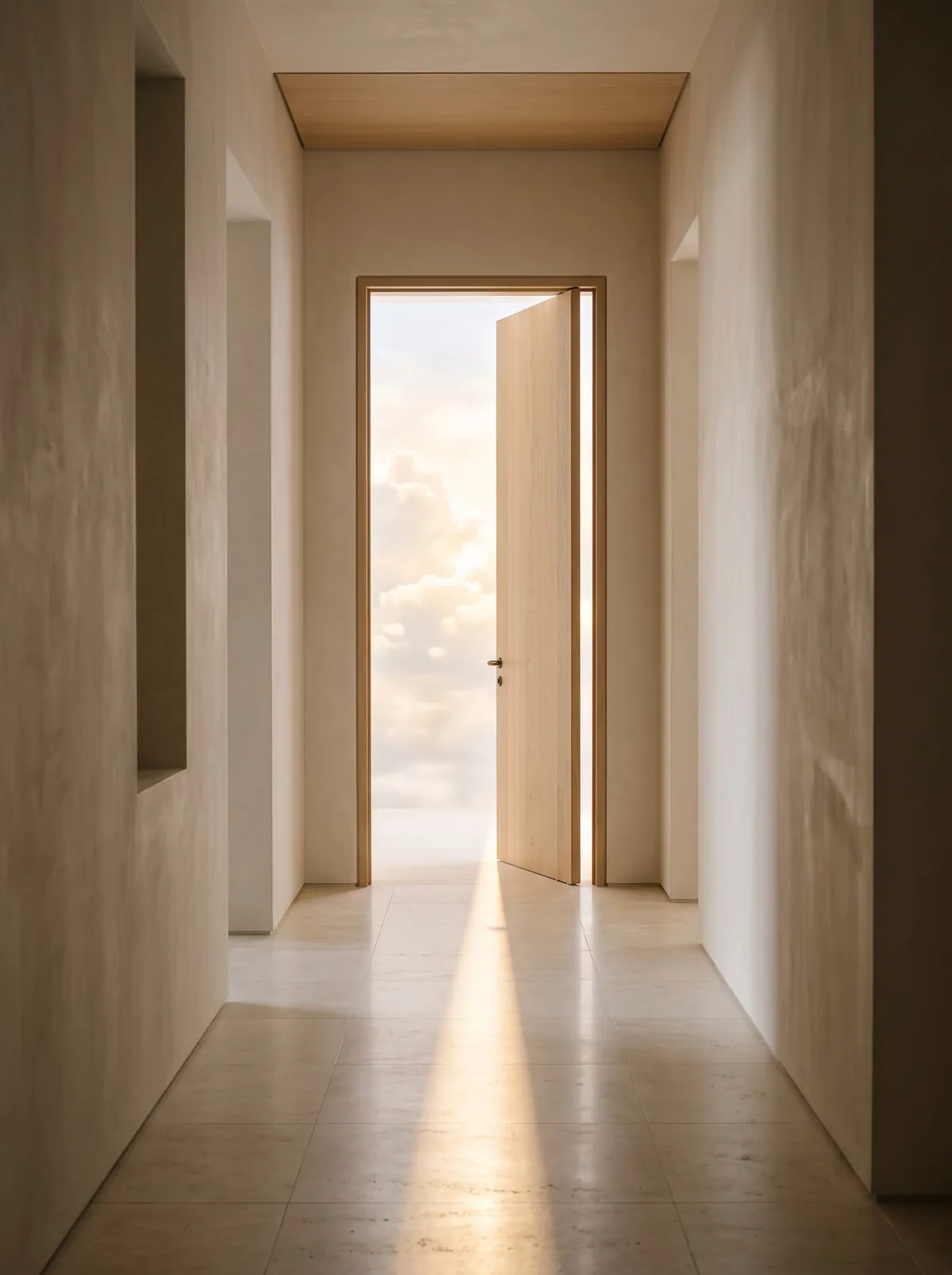 A long corridor ending in a half-open door with bright clouds beyond