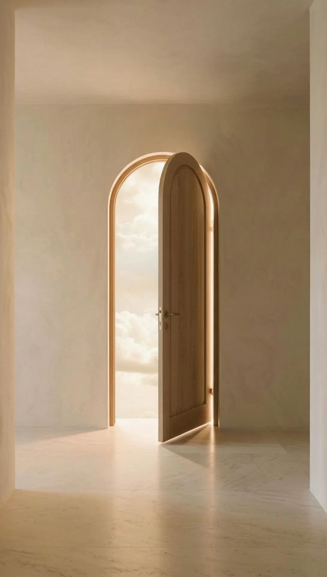 An arched wooden door standing open onto bright golden clouds