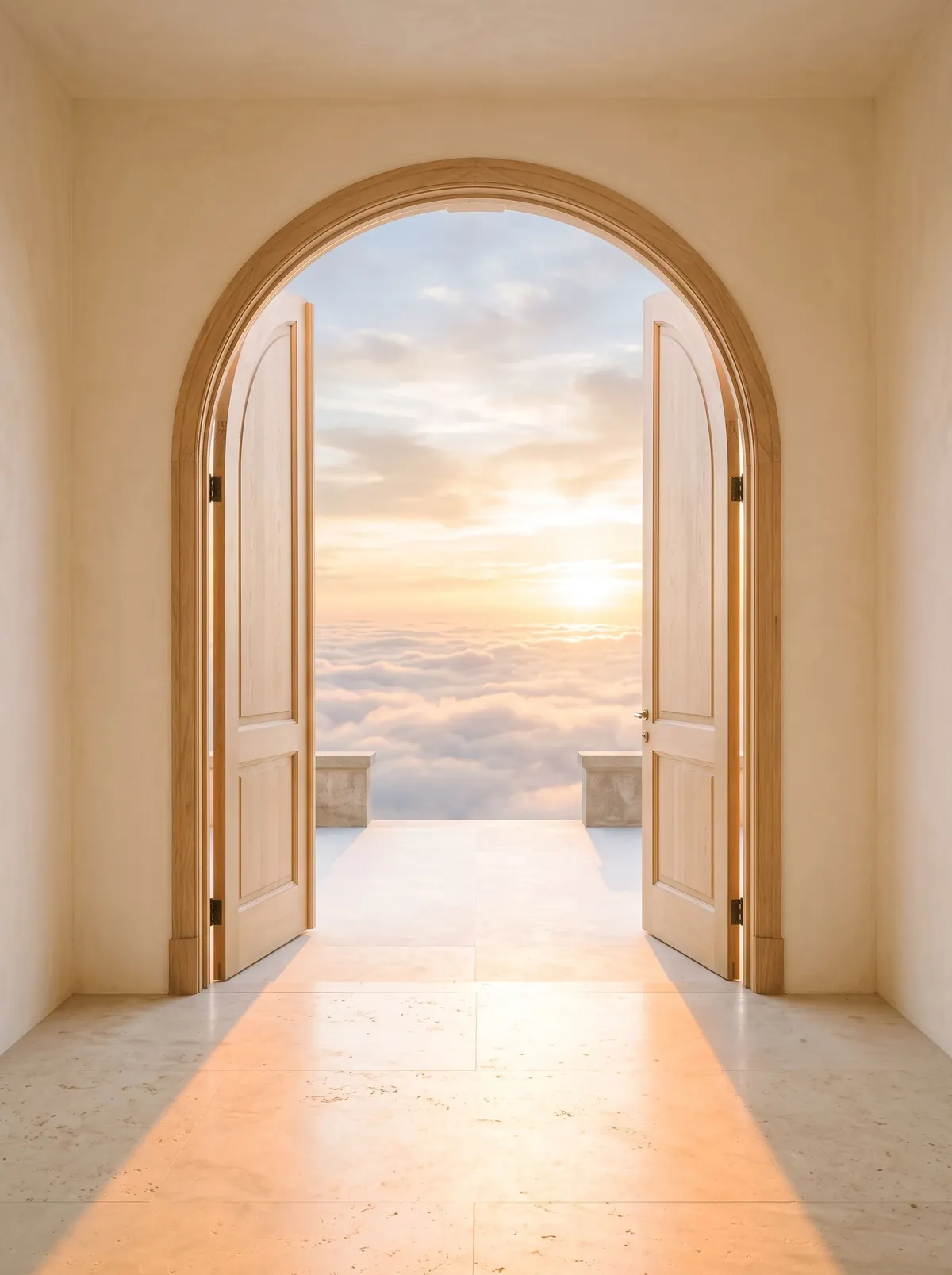 Arched double doors opened wide onto a terrace above the clouds at sunrise