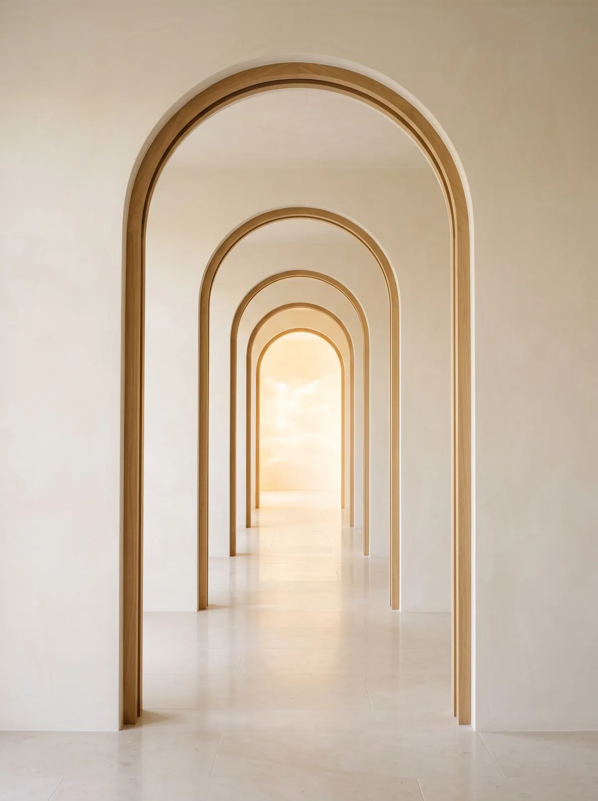 A row of open arched doorways, one behind the other, leading toward bright light
