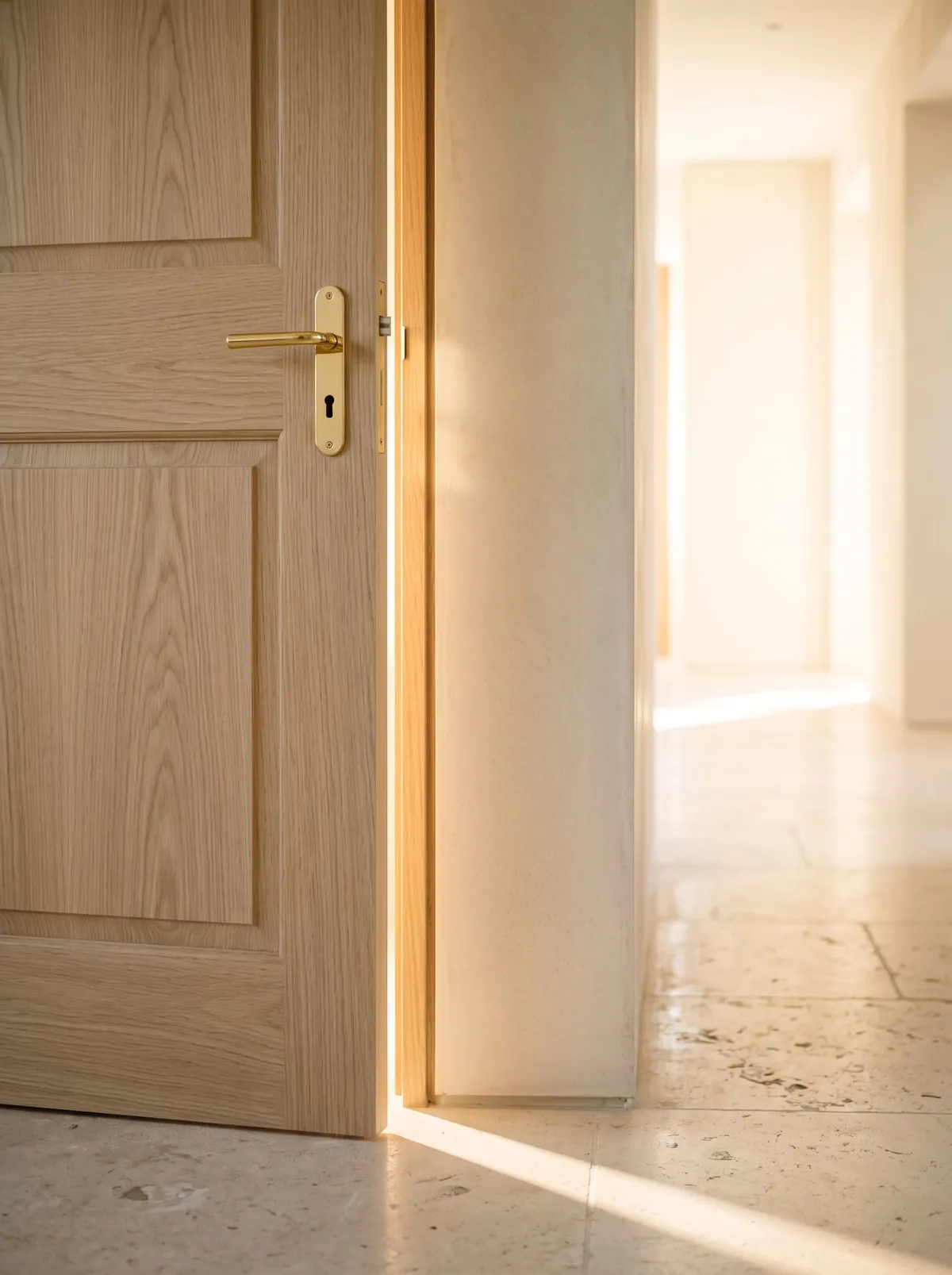 A wooden door standing slightly open, sunlight coming through the gap past its brass handle