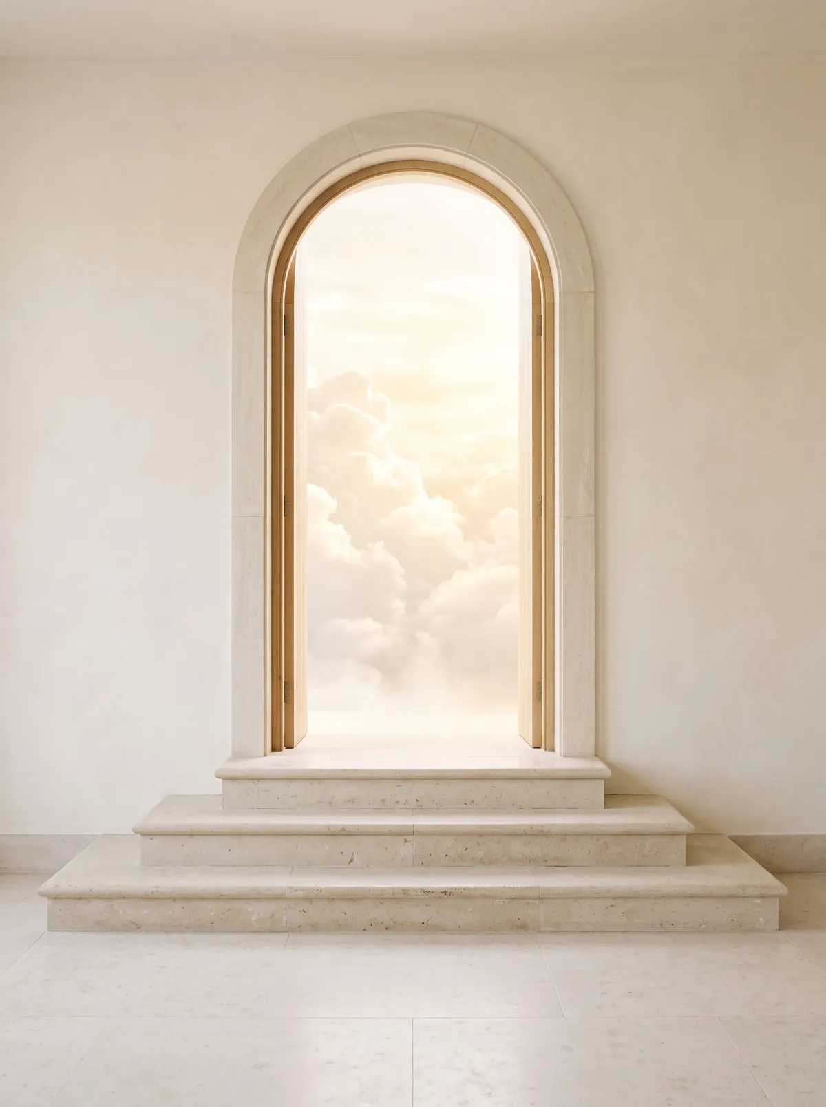 Stone steps leading up to an open arched doorway filled with light and clouds