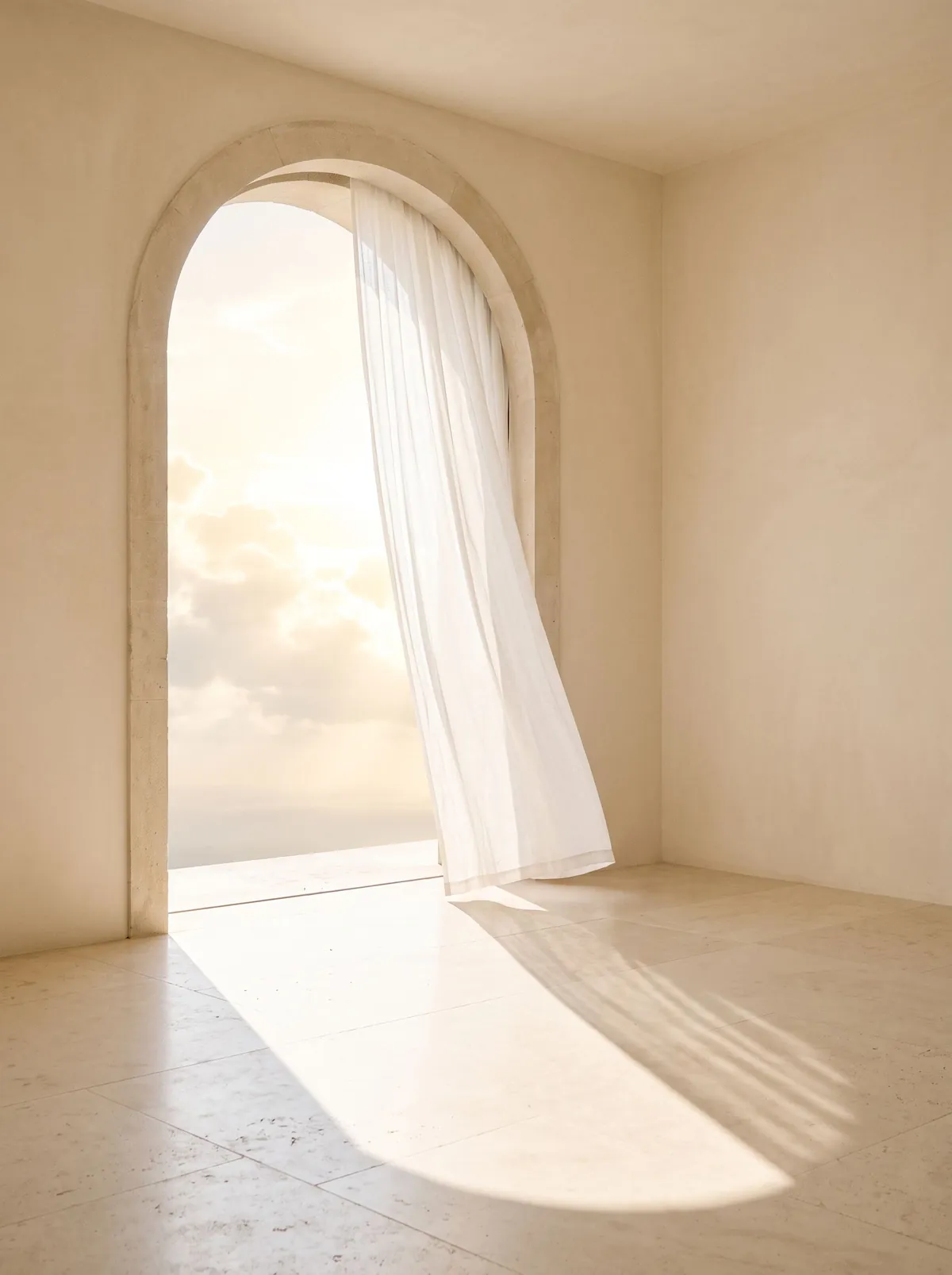 An open arched doorway with a sheer curtain lifting in the breeze, clouds beyond