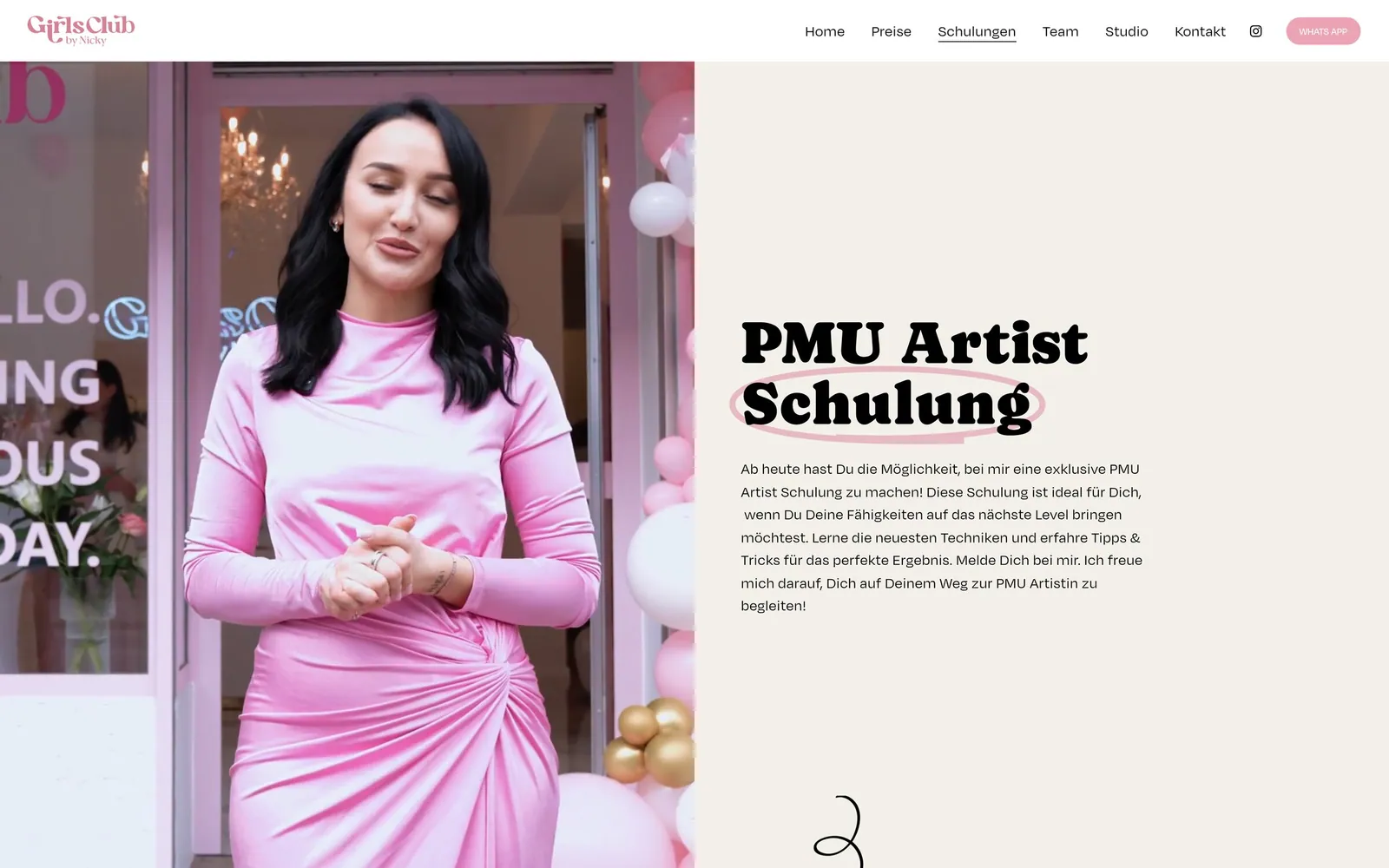 Girls Club by Nicky: The Schulungen page sets out both courses, what is taught and what is included.