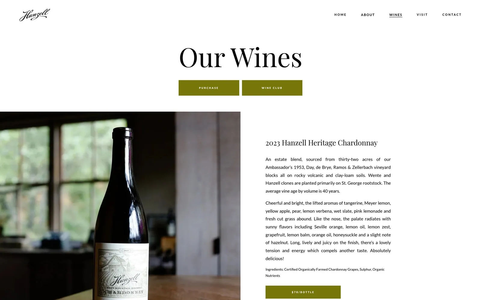 Hanzell: Current Releases: tasting notes, ingredients and bottle prices that link to the store