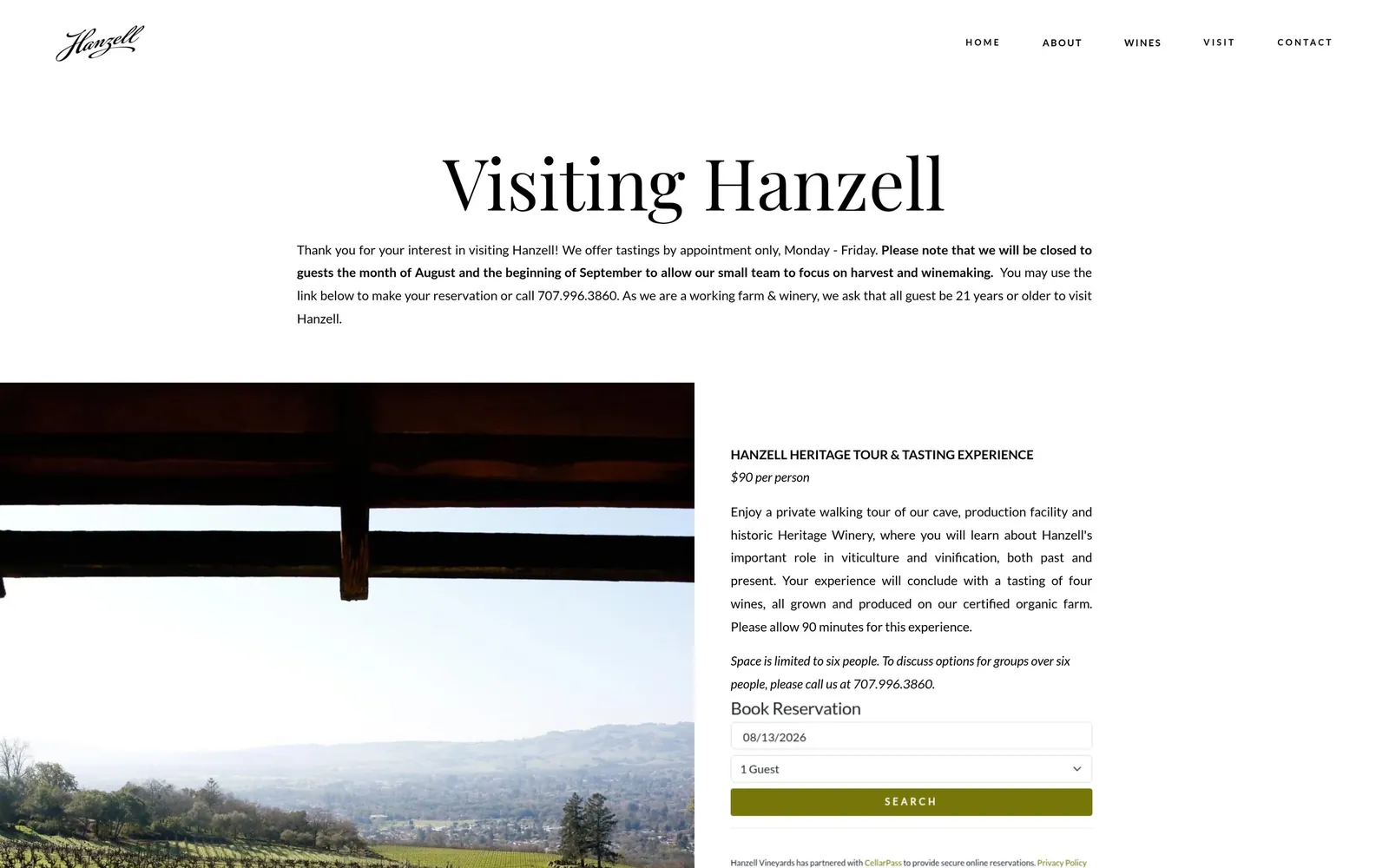 Hanzell: Visit: tastings by appointment, with the Heritage Tour priced and booked through an embedded CellarPass widget