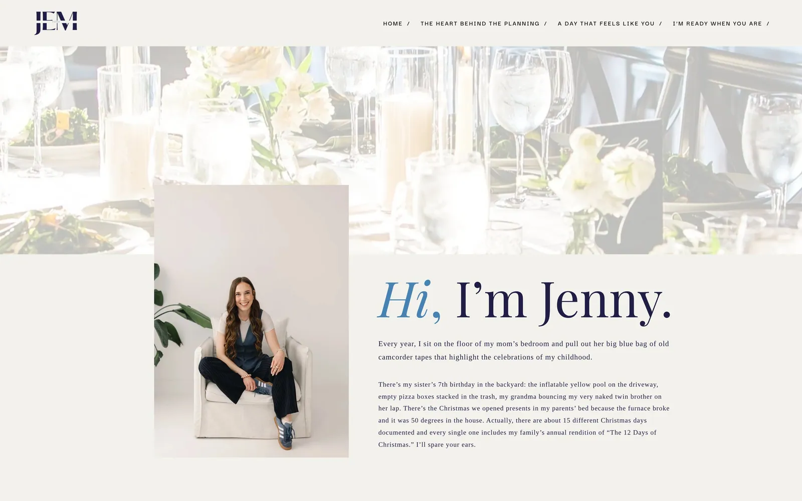 JEM Events: About tells Jenny's story in first person and closes with the three question Q&A