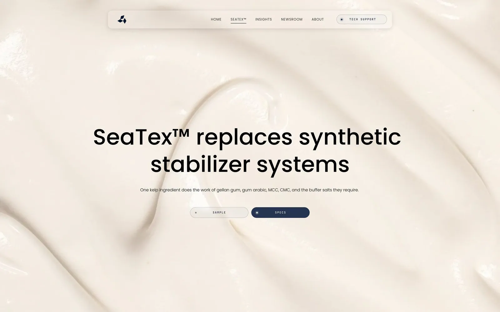Marine Biologics: The SeaTex page names what the ingredient replaces and sorts applications by category.