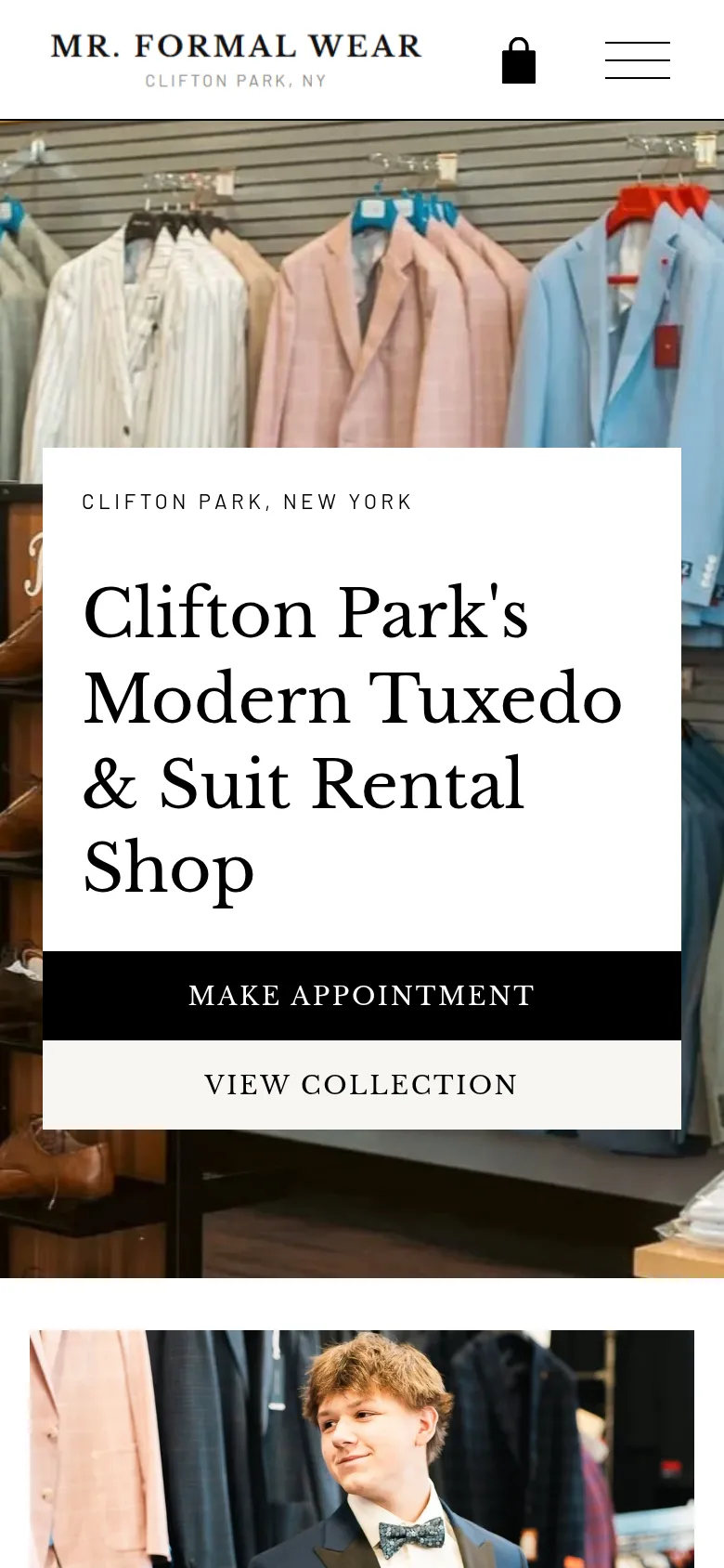The Mr. Formal Wear website on a phone
