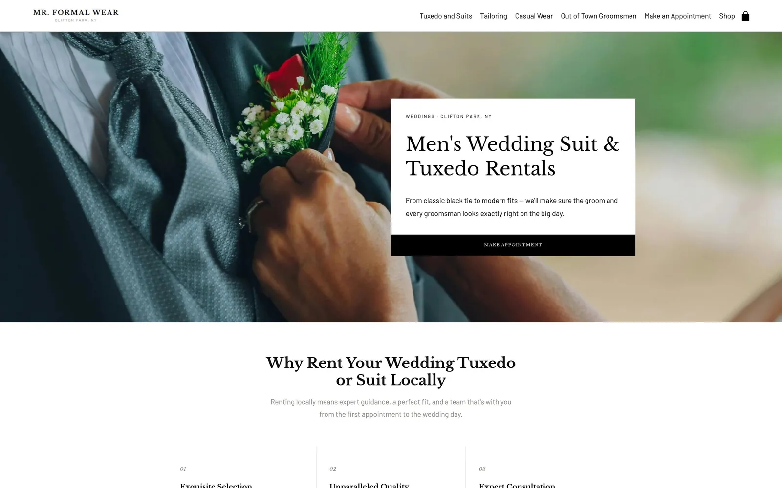 Mr. Formal Wear: Wedding rentals page with six reasons to rent locally and the four step rental process
