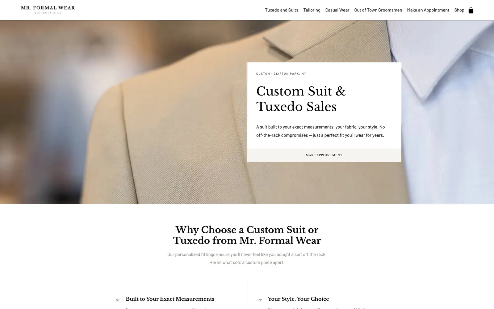 Mr. Formal Wear: Custom suits page with fabric, lapel and lining choices and the four step consultation process
