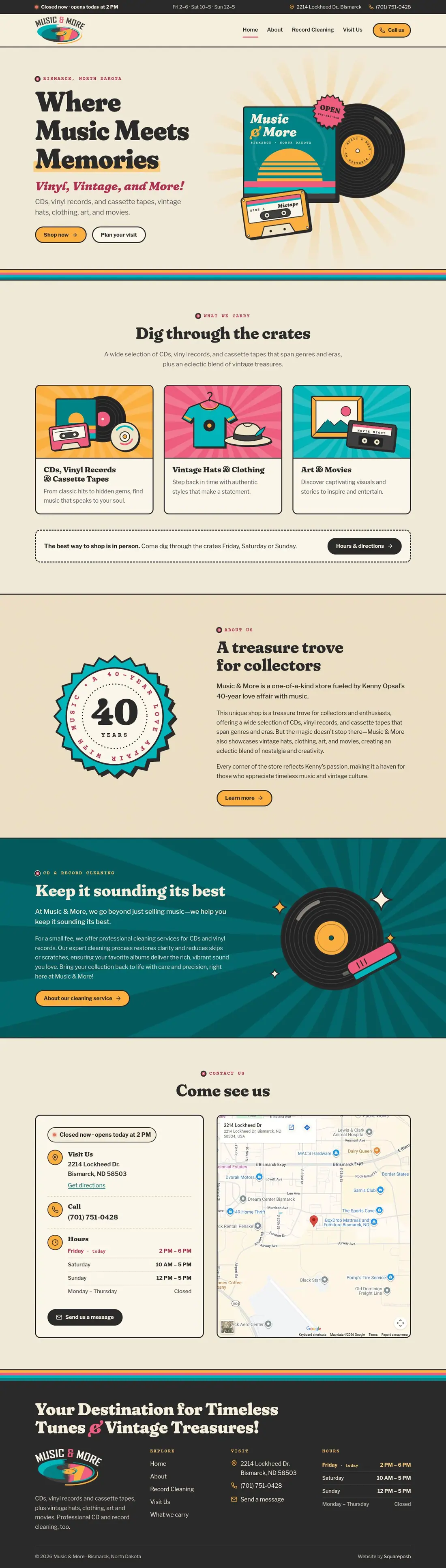 The whole Music & More home page, from top to bottom