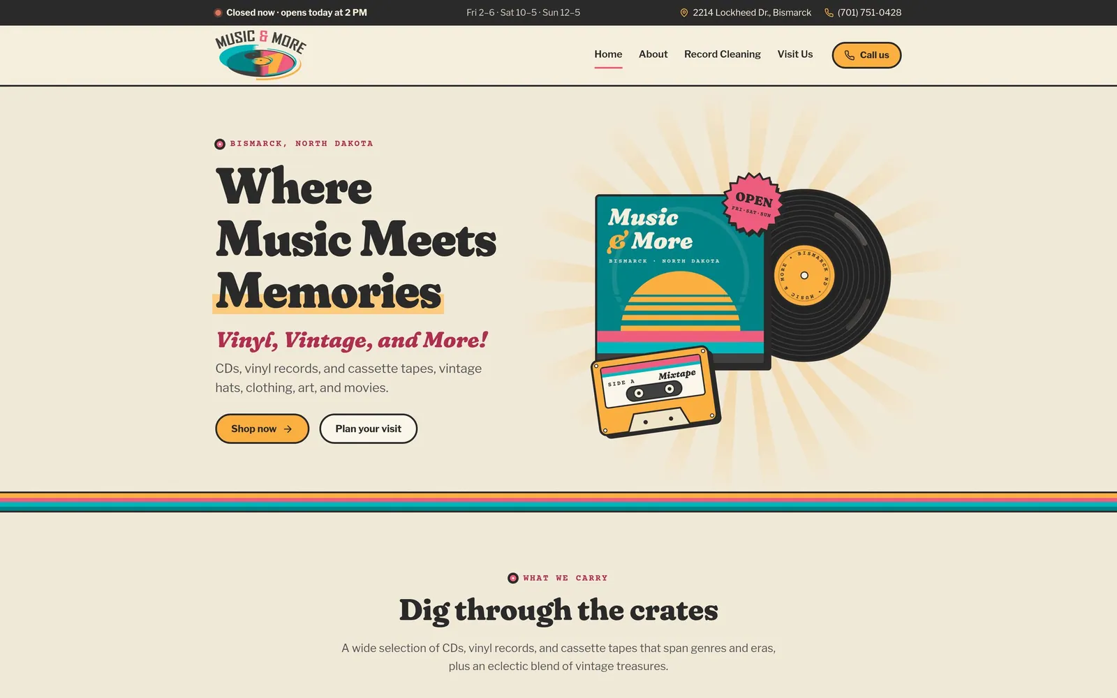 The Music & More website on a computer