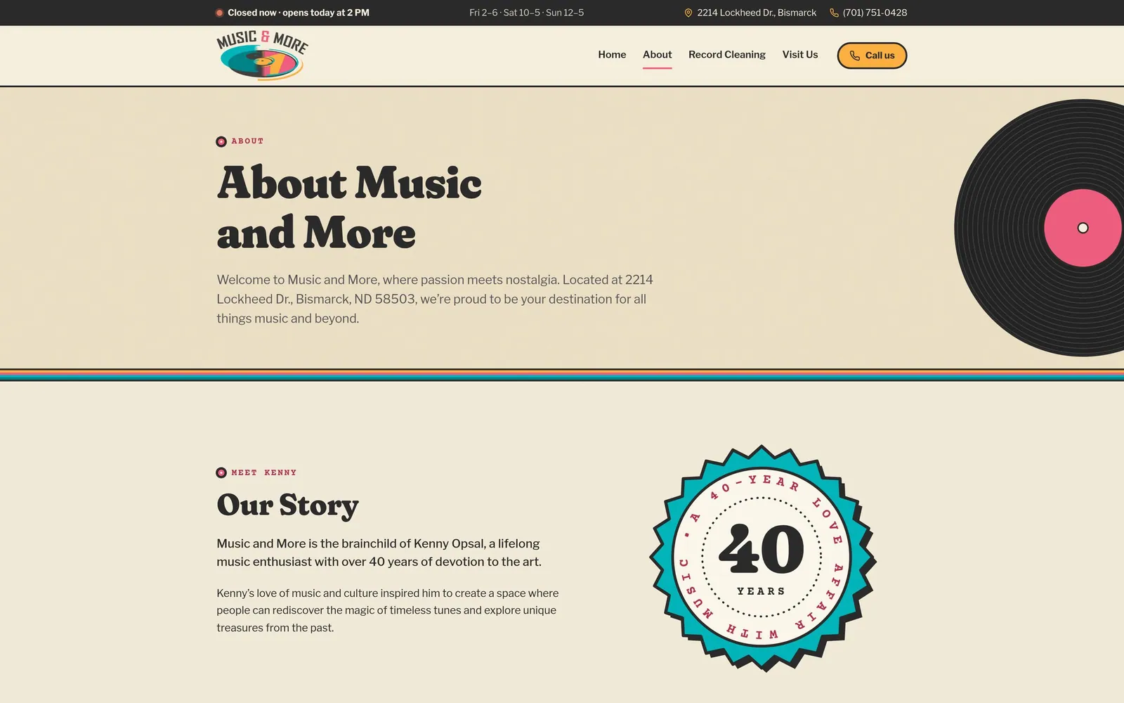 Music & More: About page with Kenny's story and the 40-year badge