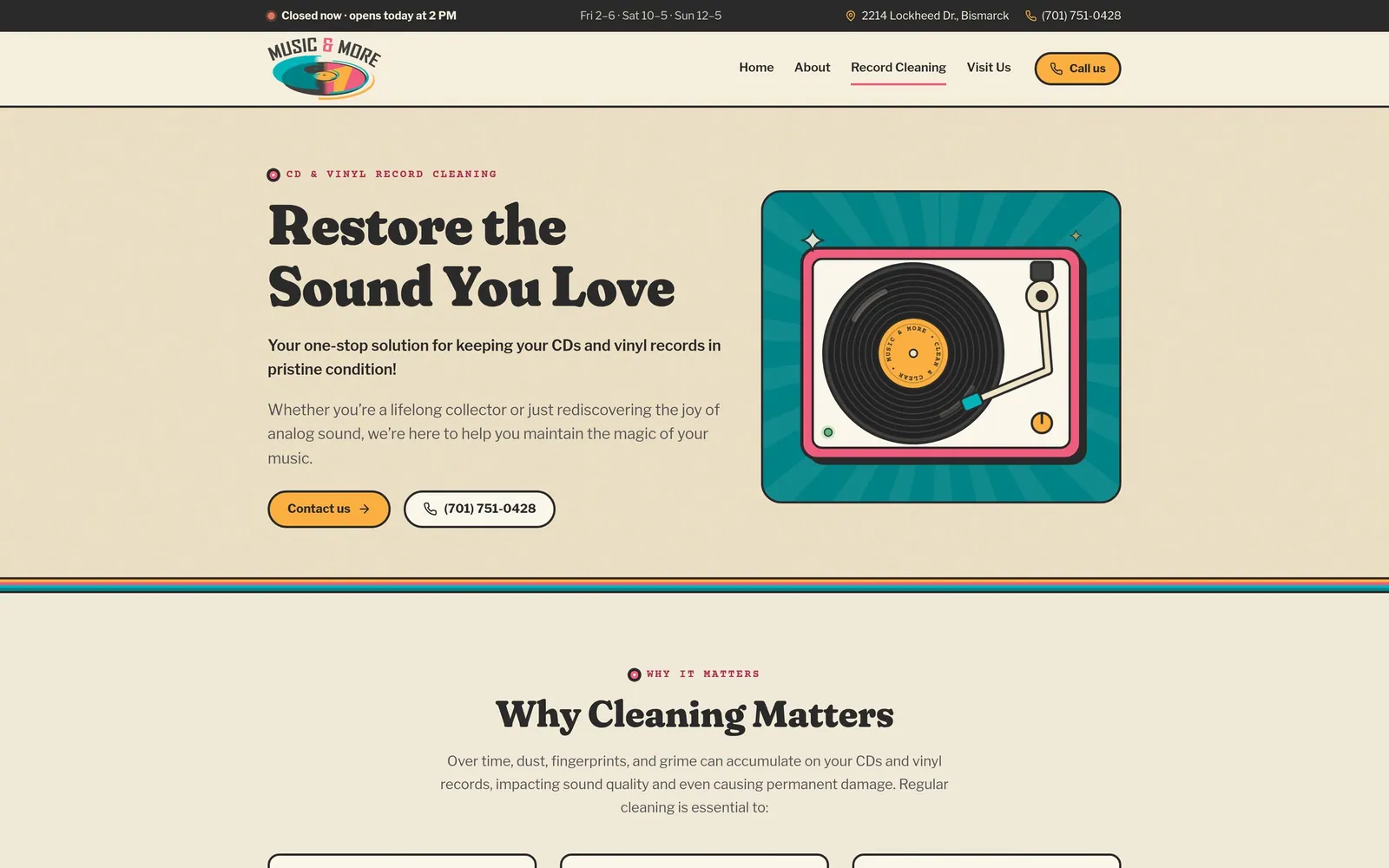 Music & More: Record cleaning page with the turntable illustration and why cleaning matters