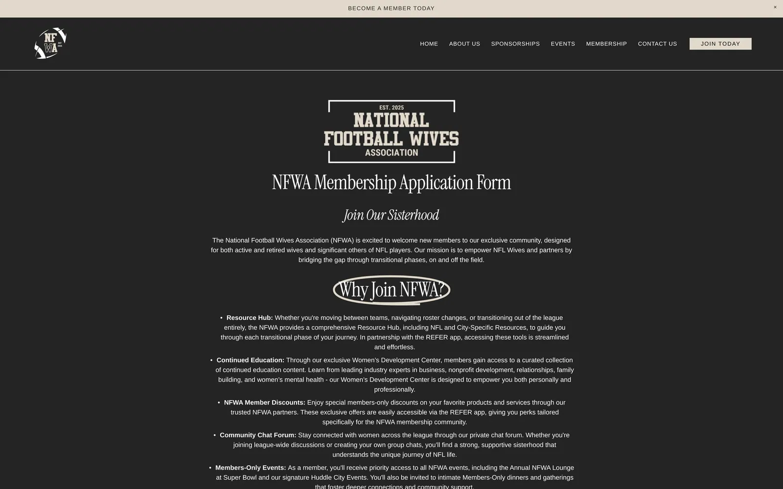 NFWA: Membership page, setting out what members get and linking through to the application