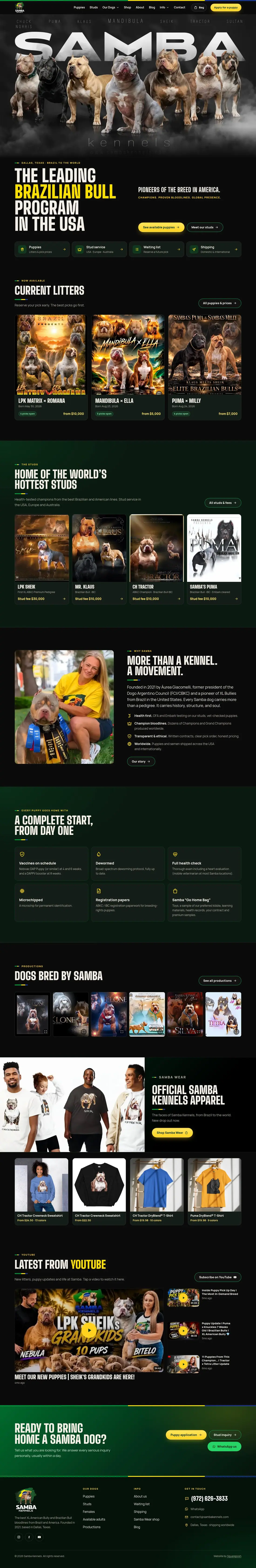 The whole Samba Kennels home page, from top to bottom