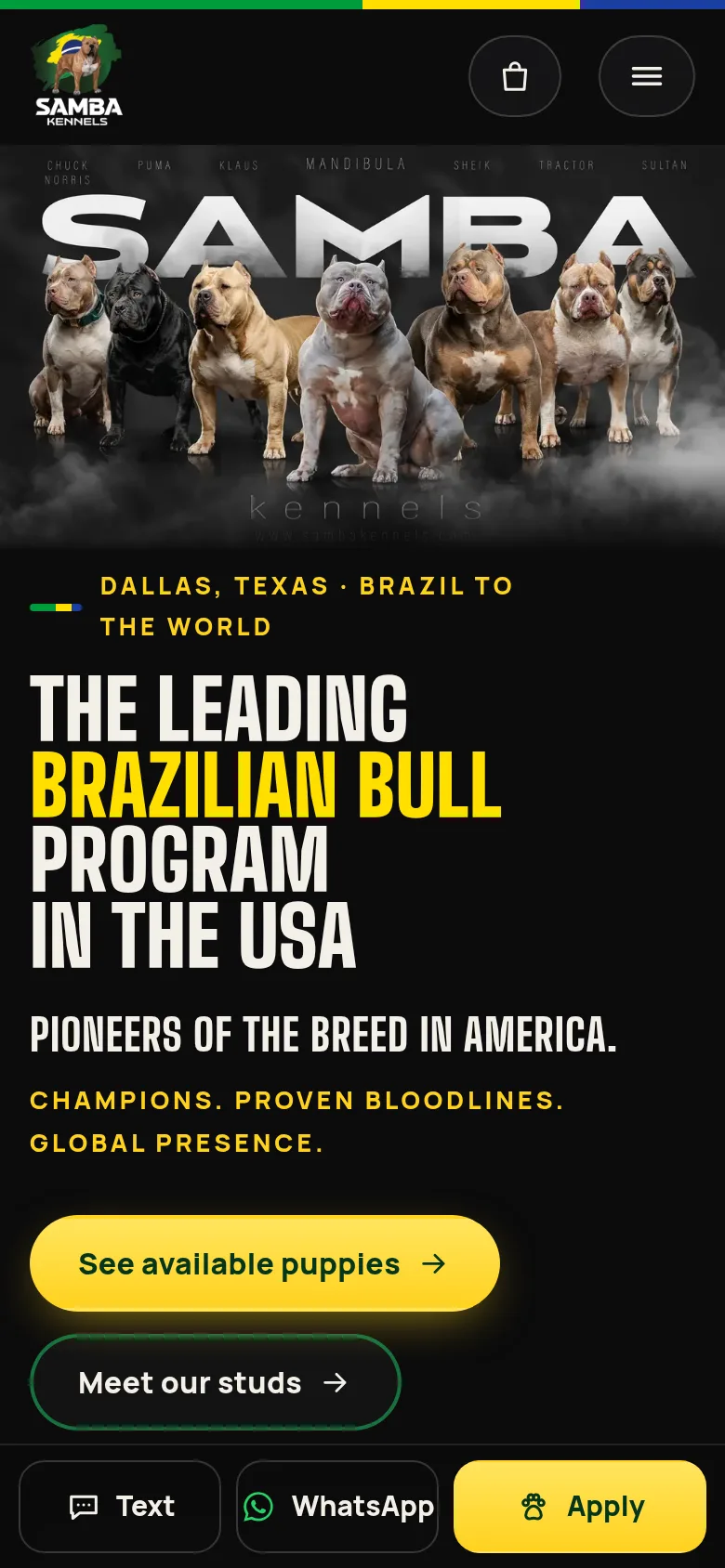 The Samba Kennels website on a phone