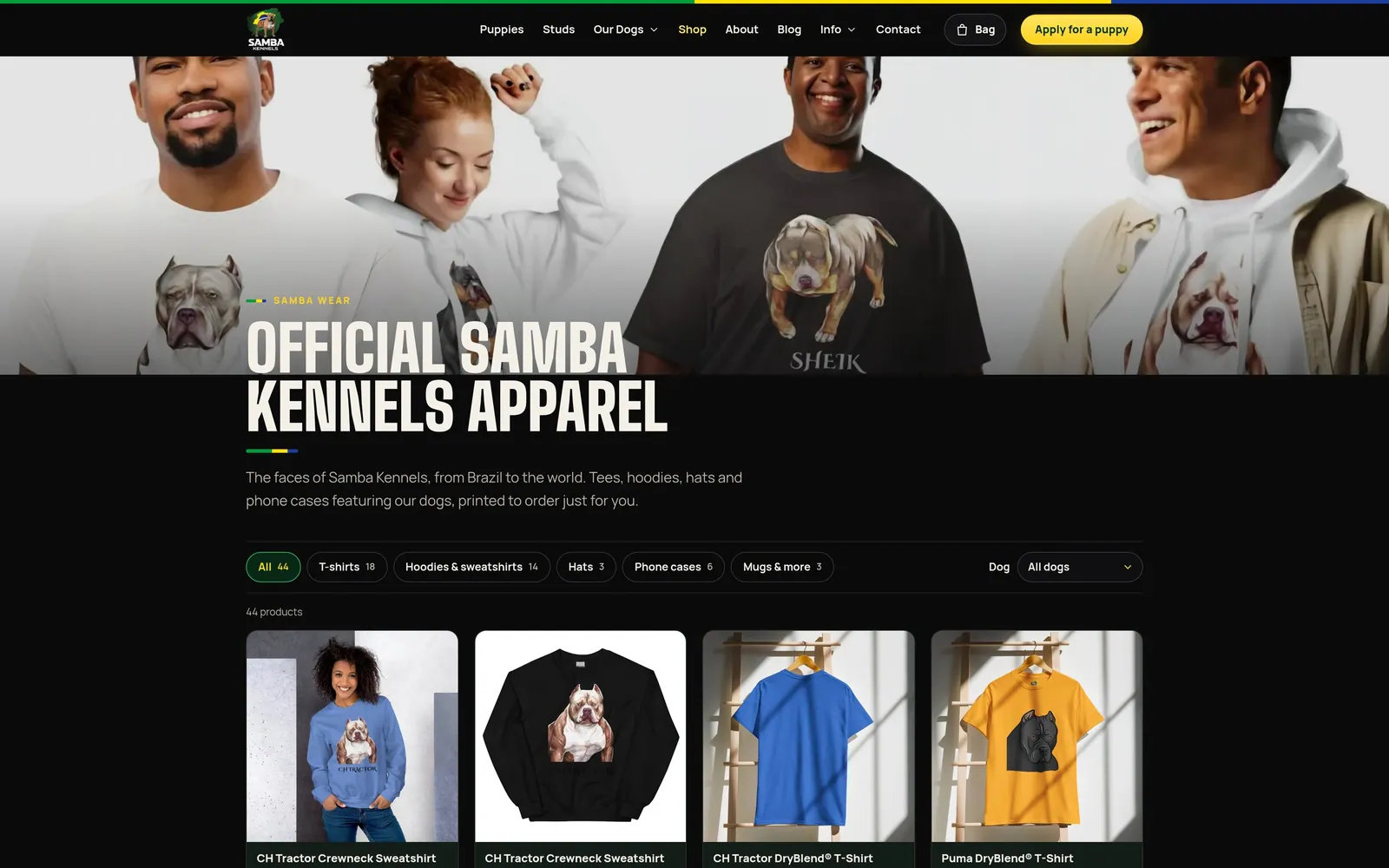 Samba Kennels: Samba Wear shop with filters by product type and by dog