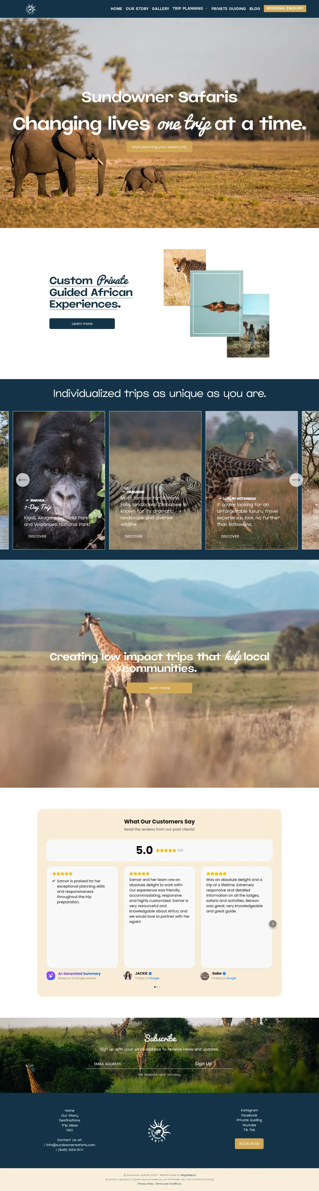The whole Sundowner Safaris home page, from top to bottom