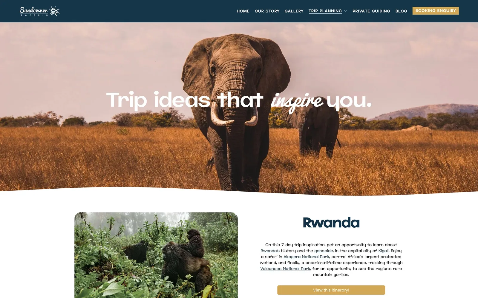 Sundowner Safaris: Trip Ideas, eight sample trips with trip length, the places covered and an itinerary link.