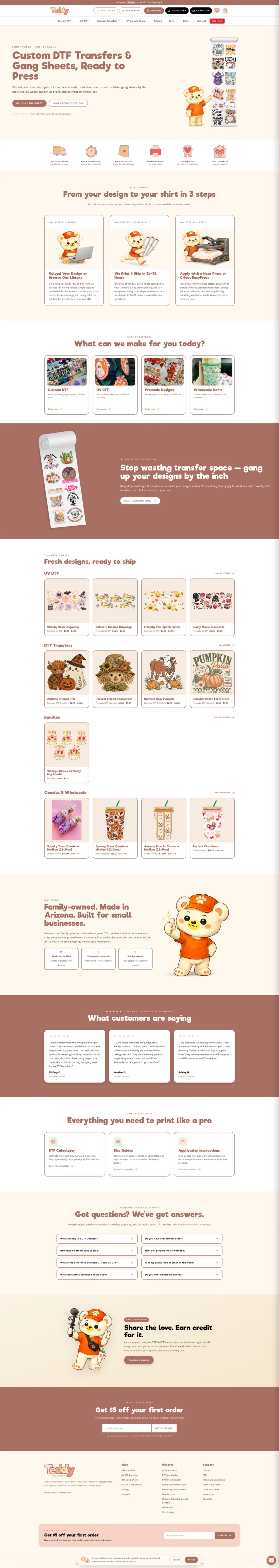 The whole Teddy Transfers home page, from top to bottom