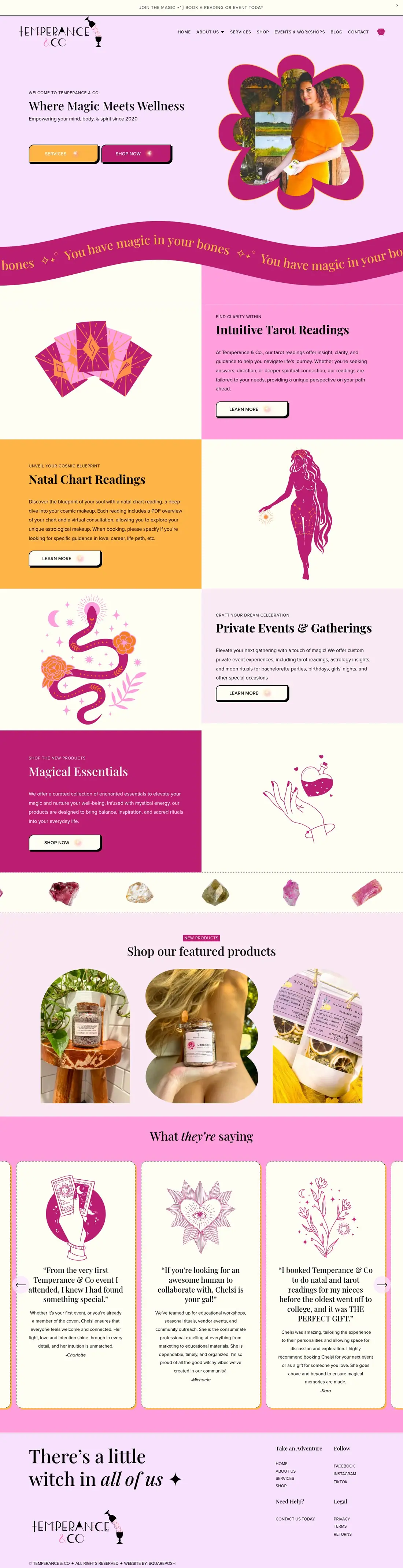The whole Temperance & Co home page, from top to bottom