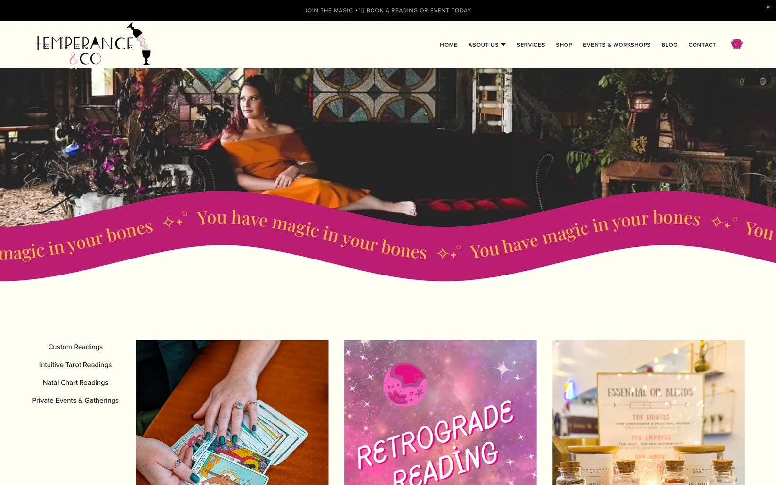 Temperance & Co: Services, a category-filtered list of readings with prices and add-to-cart buttons