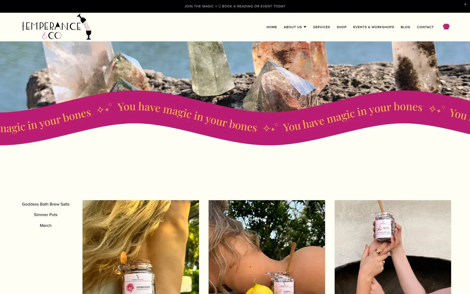 Temperance & Co: Shop, a category-filtered grid of bath salts, stickers, crop tops and hats
