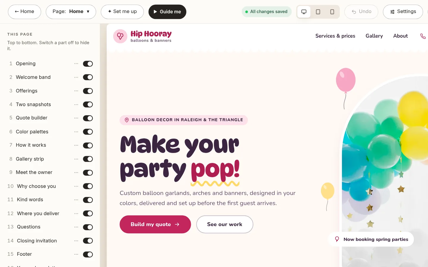 The builder at the “Edit your home page, part by part” step