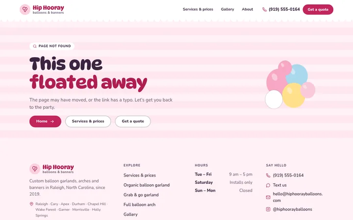 The page not found page of the Balloon & party decor template