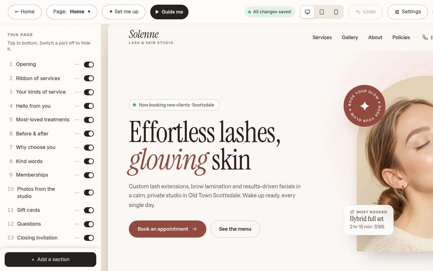 The builder at the “Edit your home page, part by part” step