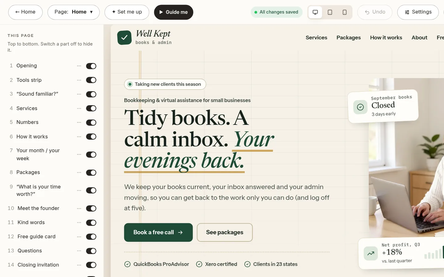 The builder at the “Edit your home page, part by part” step