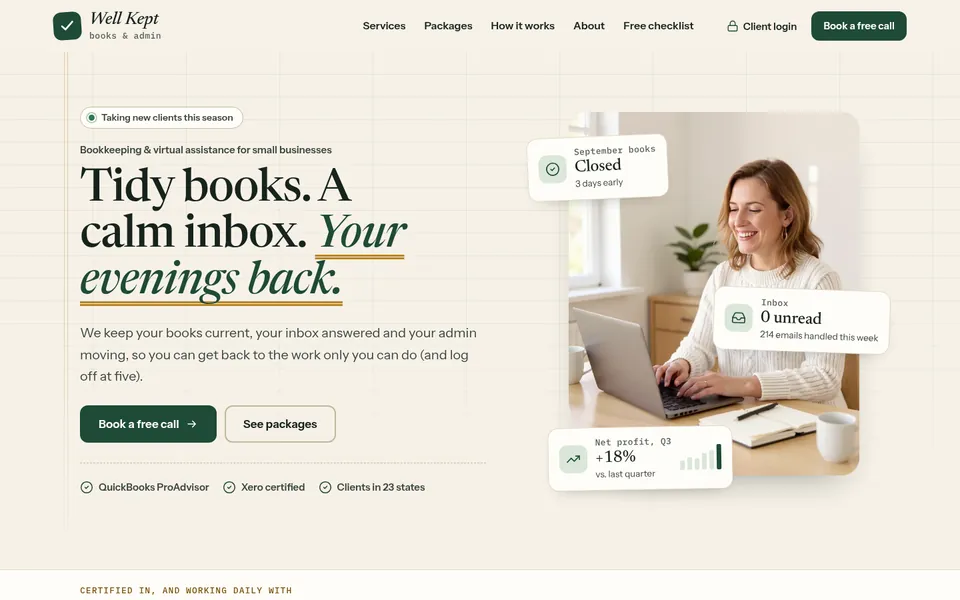 The home page of the Bookkeeping & VA template