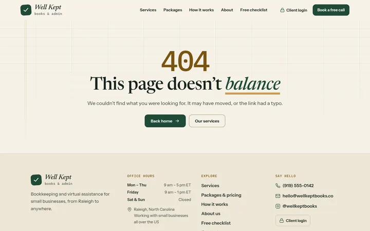 The page not found page of the Bookkeeping & VA template