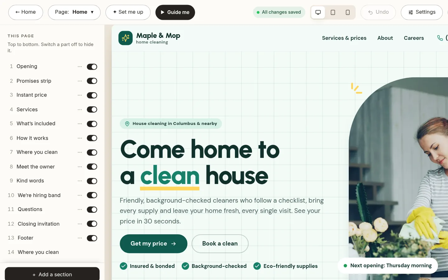 The builder at the “Edit your home page, part by part” step