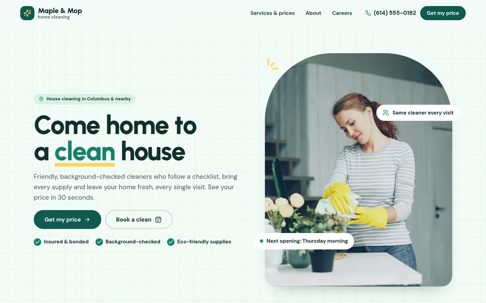 The home page of the Home cleaning template