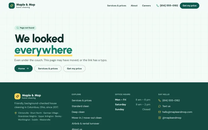 The page not found page of the Home cleaning template