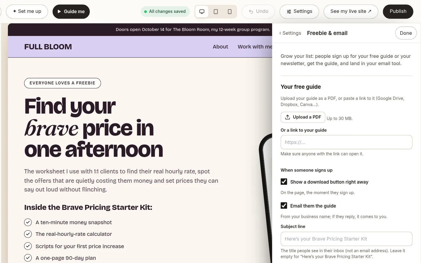 The builder at the “Grow your email list” step