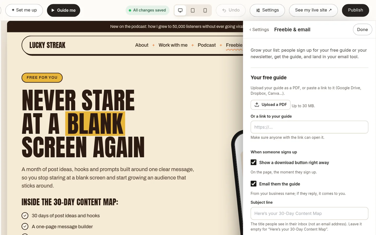 The builder at the “Grow your email list” step
