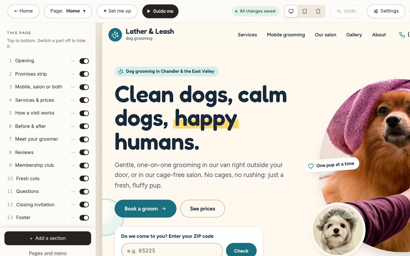 The builder at the “Edit your home page, part by part” step