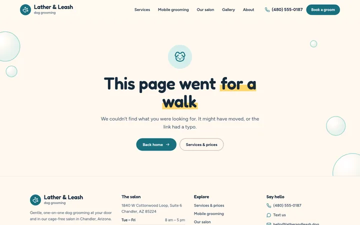 The page not found page of the Dog grooming template