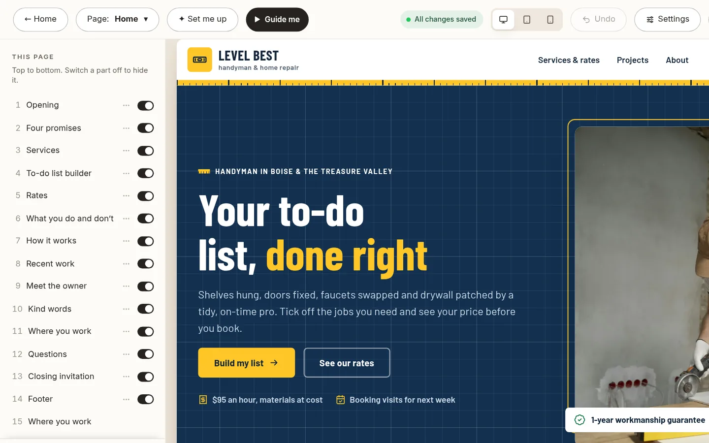 The builder at the “Edit your home page, part by part” step