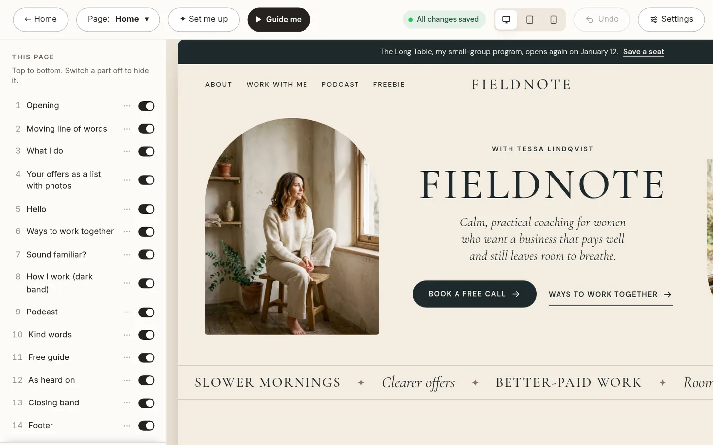 The builder at the “Edit your home page, part by part” step