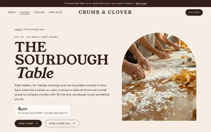 A page for each class, on Crumb & Clover