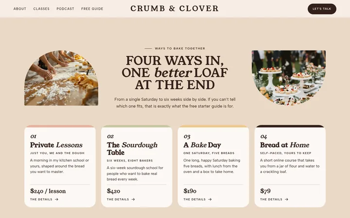 Its classes, one card each, on Crumb & Clover