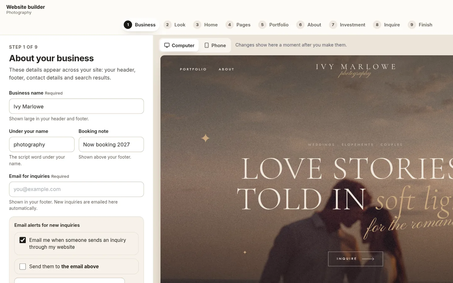 The builder at the “Edit your home page, part by part” step